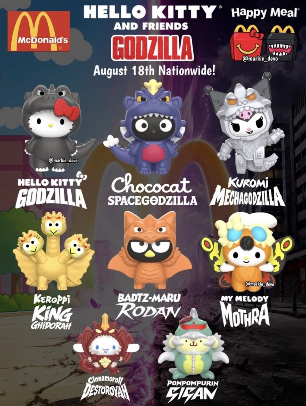 McDonald's Godzilla X Hello Kitty & Friends Full Set